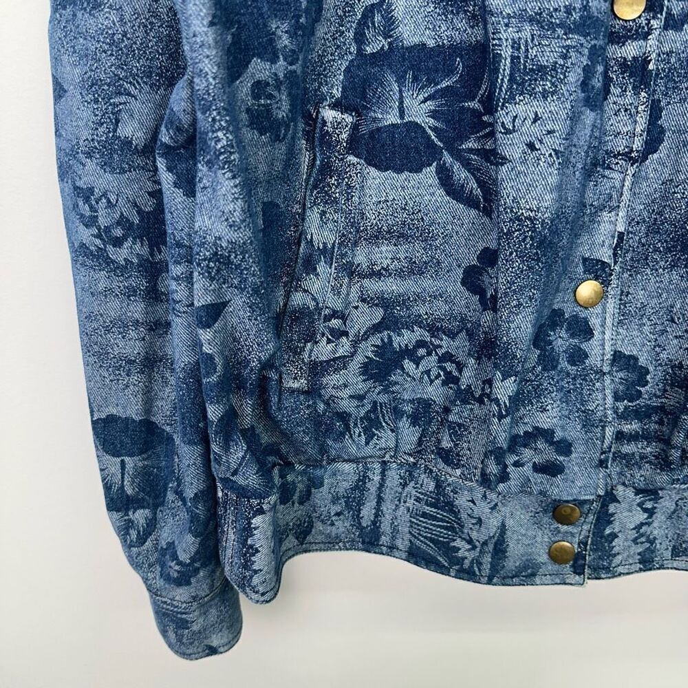 Learsi Women’s Vintage Hawaiian Hibiscus Floral Puff Sleeve Snap Jean Jacket - Picture 6 of 11